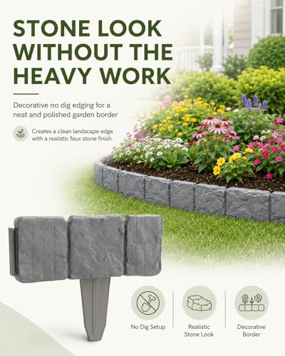 Faux Stone Garden Fence No Dig Landscape Edging Border (Black, 20pcs) - color: black