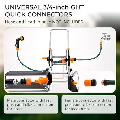 Garden Hose Reel Cart with Wheels, Hold Up to 150 ft of 5/8-inch Garden Hose, Water Hose Reel Cart with Adjustable Handle, Non-Slip Grip and Quick Hose Connectors for Garden and Backyard