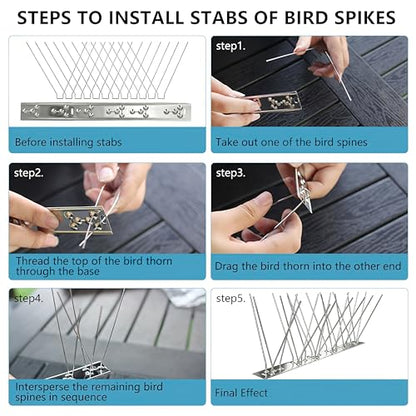 304 Stainless Steel Bird Spikes for Outside, Durable Pigeon Spikes Fence Kit to Keep Small Birds, Crows and Woodpeckers Away, Outdoor Scare Devices, 6 Pcs Covers 4.92 FT - size: 4.92Ft