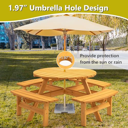 Outdoor Wooden Picnic Table with 4 Built-in Benches and Umbrella Hole for 8 Person，Outside Table and Bench Set Round Picnic Table for Garden, Backyard, Porch,Patio（Natural - size: 8Person-Round-Y
