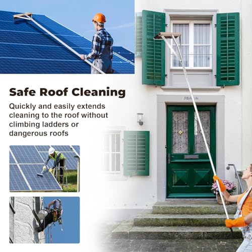 Leaf Roof Brush with Gloves, Roof Rake Remove Leaves, Adjustable 5-21ft Roof Cleaning Brush Tool for Shingles, Corrugated, Solar Panel, Lightweight Long Handle Extension Aluminum Poles Broom (21FT)