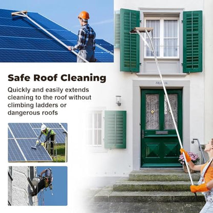 Leaf Roof Brush with Gloves, Roof Rake Remove Leaves, Adjustable 5-21ft Roof Cleaning Brush Tool for Shingles, Corrugated, Solar Panel, Lightweight Long Handle Extension Aluminum Poles Broom (21FT)