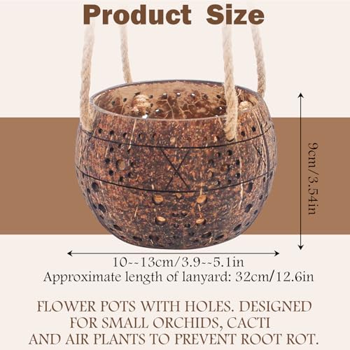 2Pcs Coconut Hanging Orchid Pot with Rope,Handmade Coconut Planters for Plants Outdoor, Hanging Orchid Planter Basket for Home Garden Porch Balcony