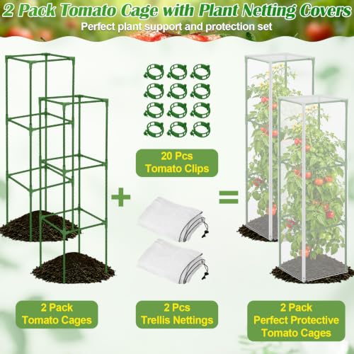 ROADPLUM 2 Pack Square Tomato Cages with 2 Plant Covers, 48" Heavy Duty Adjustable Tomato Cage for Garden, Plastic Coated Steel Pipe Stakes Trellis Plant Cages for Vegetable, Fruit, Climbing Plants - size: 2 PACK with Plant Covers