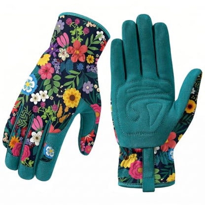 Gardening Gloves for Women, Breathable Leather Garden Gloves,Gardening Gift - color: Green - Flower