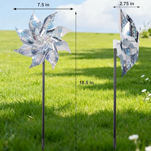 Hausse 12 Pack Reflective Pinwheels with Stakes (Pre-Assembled), Extra Sparkly Pin Wheel for Garden Decor, Bird Repellent Devices Deterrent to Scare Birds Away from Yard Patio Farm, Silver - color: Silver