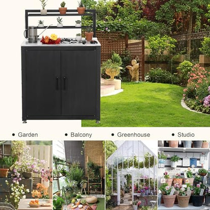 FEASTO Outdoor Potting Bench Table with Storage Cabinet - color: Black