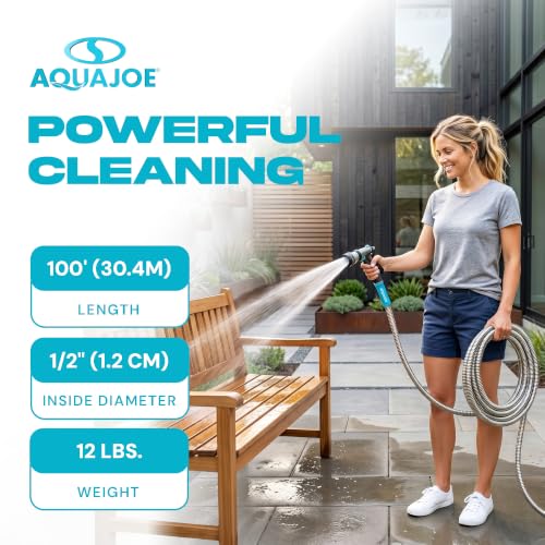 Aqua Joe AJSGH100 1/2-Inch Heavy-Duty, Puncture Proof Kink-Free, Spiral Constructed 304-Stainless Steel Metal, Garden Hose, 100-Foot - style: Aluminum Fitting
