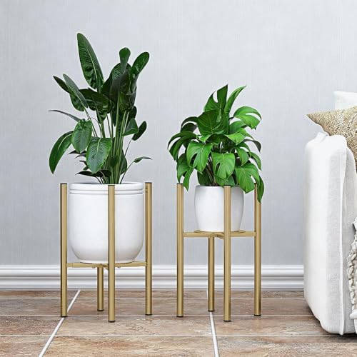 Adjustable Metal Plant Stand Indoor, Fits 8-14 Inch Pots, Mid Century Modern Gold Planter Holder,2 Heights, Heavy Duty 160 lb, Indoor Outdoor Corner Floor Pot Stand, Golden with Round Plate 2 Pack - color: golden-b 2 Pack
