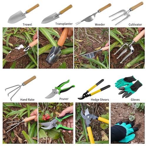 41-Piece Premium Gardening Tool Set, Stainless Steel Heavy Duty Gardening Tool Kit, with Non-Slip Rubber Grip, Storage Tote Bag, Outdoor Hand Tools, Ideal Gardening Gifts for All (Green) - color: Green