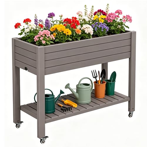 Raised Garden Bed with Shelf, Rolling Resin Planter Box, Gray - color: Gray, size: 33.7" H