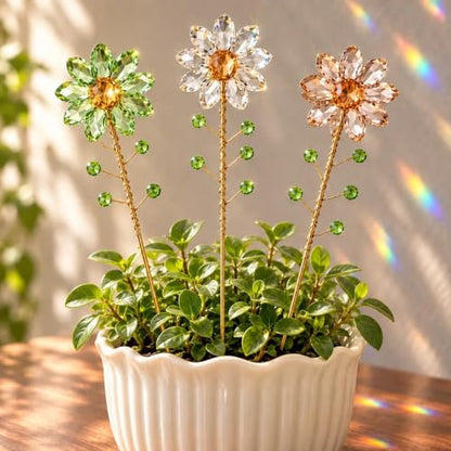 3Pcs Crystal Sunflower Suncatchers with 13'' Gold Trellis Metal Plant Stake - color: Clear, Green, Pink