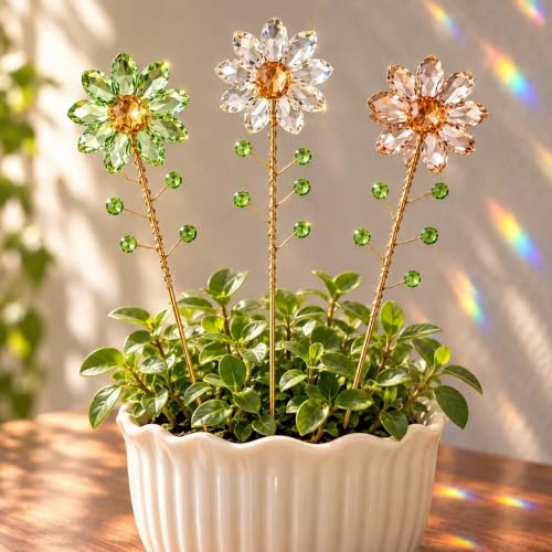 3Pcs Crystal Sunflower Suncatchers with 13'' Gold Trellis Metal Plant Stake - color: Clear, Green, Pink