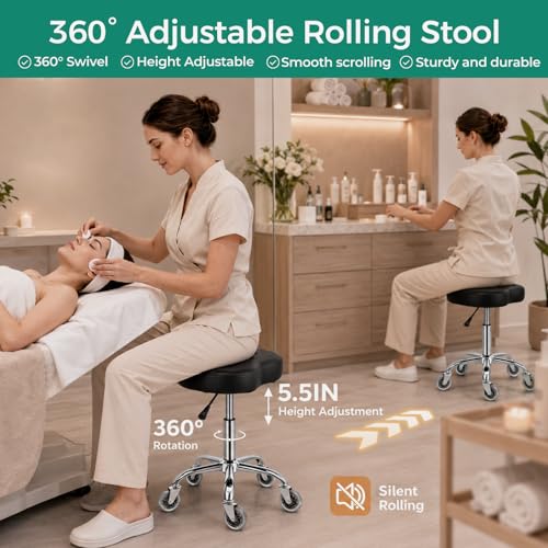 Heavy Duty Rolling Stool with Rubber Wheels, Ergonomic Seat, 450lb