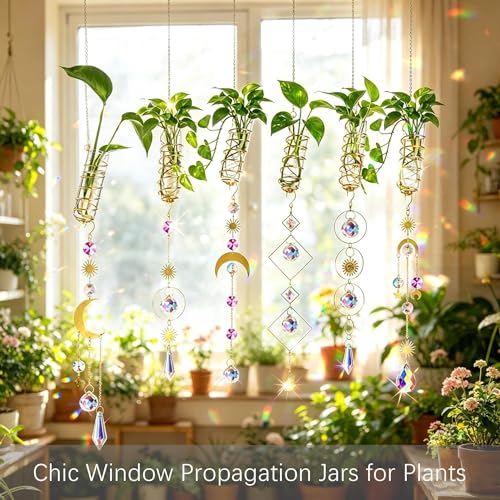 6Pcs Crystal Suncatchers with Propagation Stations Glass Wall Planters - color: Golden-6pcs