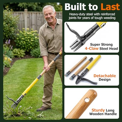 Weed Puller Tool Stand Up with Slide-Release Ejection, Reinforced Steel Weeder with 3-Section Long Handle, No-Touch Cleaning for Lawn & Garden, Heavy Duty No Bend Weeding Tool for Dandelions, Thistles