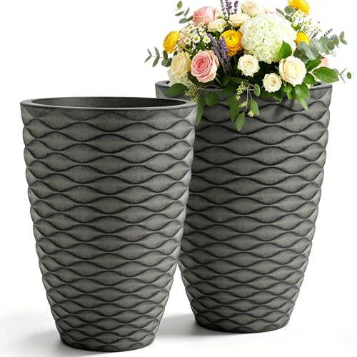 2-Pack 19" Rustic Black Resin Tall Planters with Wave Texture - color: 19"h-rustic Black Wavy