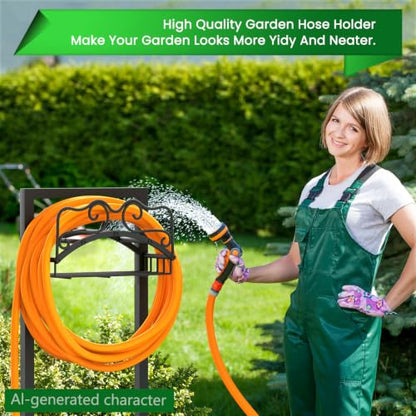 Garden Hose Holder, Heavy Duty Metal Water Hose Holder with 4 Spikes Outdoor Freestanding Hose Hanger Detachable Sturdy Hose Stand Holds 150-feet Hose, Garden Hose Storage Rack for Outside Yard Lawn