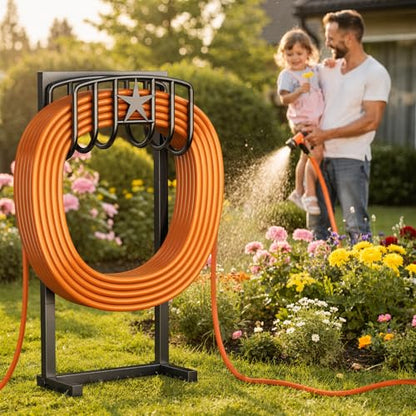 Garden Hose Holder, Heavy Duty Freestanding Metal Stand, 165FT Garden Hose Storage with 4-Spike Stable Base, Rustproof Water Hose Holder for Outdoor Yard Lawn Garden Black
