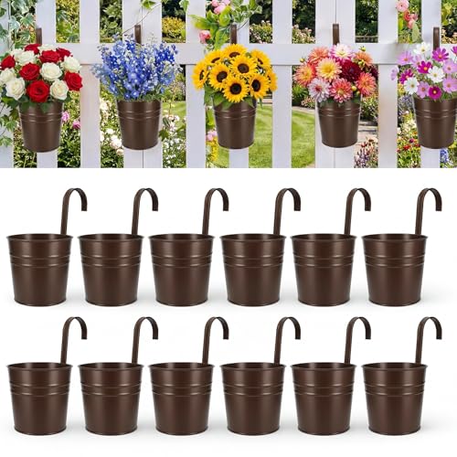 HowRU Hanging Flower Pots, Railing Planter Box for Outdoor Plants 12 Pack 5 Inch Metal Hanging Planters with Detachable Hooks Balcony Window Fence Garden Decoration Flower Boxes(Bronze(5in)) - color: Bronze(5in)