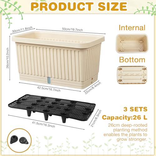 3 Pcs Large Rectangular Planter Boxes Outdoor, Beige, 20 Inches - color: Beige, size: 20 Inches