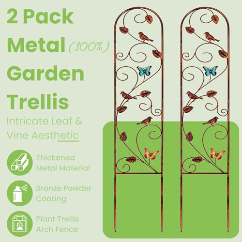 Lancisism 2 Pack 100% Metal Garden Trellis for Climbing Plants Outdoor - Heavy Duty Rustic Iron Arch Fence Trellis Rustproof Plant Support Trellis for Vines, Flowers, Vegetables & Wall Brackets