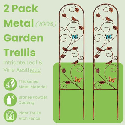 Lancisism 2 Pack 100% Metal Garden Trellis for Climbing Plants Outdoor - Heavy Duty Rustic Iron Arch Fence Trellis Rustproof Plant Support Trellis for Vines, Flowers, Vegetables & Wall Brackets