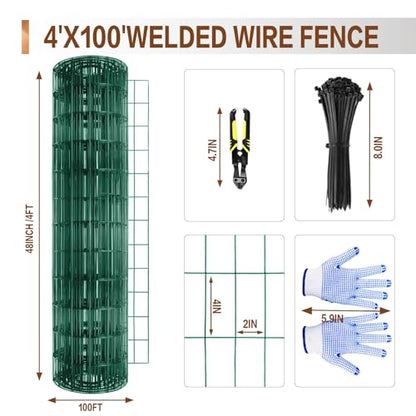 Tongmo 4 ft x 100 ft Green PVC Coated Welded Wire Fence, 16GA Garden Chicken Wire Fence Roll, Mesh Size 2" x 4" Hardware Cloth, Ideal for Yard Protection and Poultry Netting - color: Green, size: 4ft*100ft