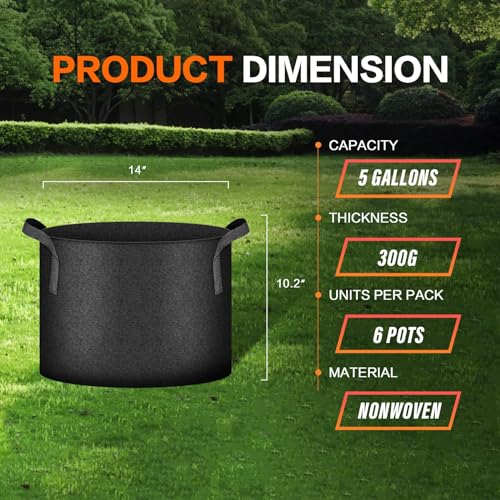 iPower Grow Bag 5 Gallon 6-Pack Heavy Duty Plant Pots, 300g Thick Nonwoven Fabric Containers Aeration with Nylon Handles, for Planting Vegetables, Fruits, Flowers, Black 2024 Version - color: Black, size: 5 Gallon