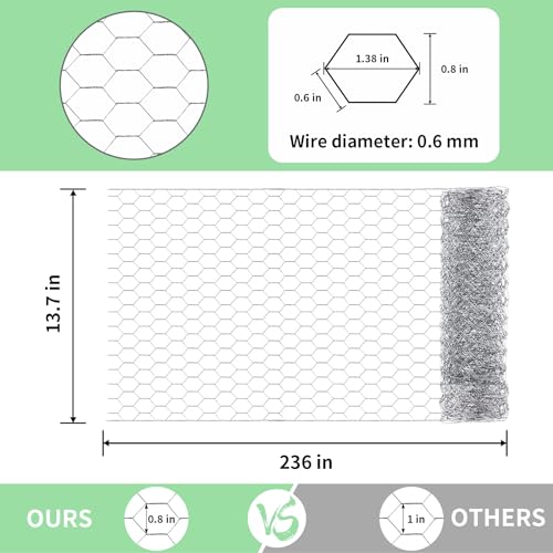 Chicken Wire 13.7 in x 236 in Poultry Wire Netting Hexagonal Galvanized Mesh Garden Fence Barrier for Craft Projects, Pet Rabbit Chicken Fencing - color: Silver, size: 13.7"x236"+0Ties
