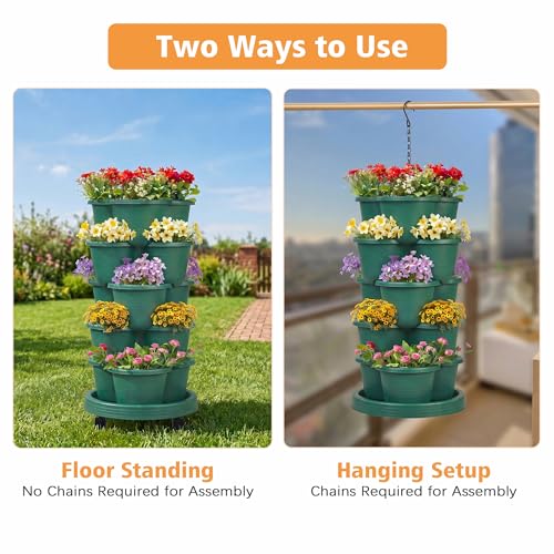 VECELO 5 Tier Vertical Garden Planter, Self Watering Stackable Planters with Wheels for Strawberries, Herbs, Flowers, Vegetables, Dark Green - color: Dark Green, size: 5 Tier