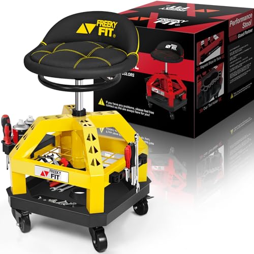 Rolling Shop Stool for Garage with Casters, DO02-Adjustable Height 360° Swivel Shop Seat with Tool Tray Storage, 330 LBS Capacity Padded Mechanic Stool, Magnetic Tool Hold, Heavy Duty,Yellow - color: Yellow