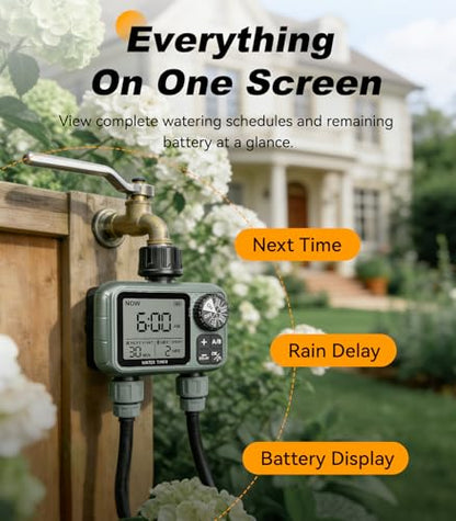 Kenkor Sprinkler Timer 2 Zone, Water Timers for Garden Hose, Brass Inlet, Programmable Hose Timer with Rain Delay/Manual Modes, Faucet Timers for Lawn, Yard