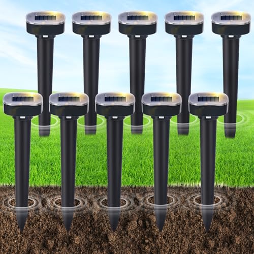 10 Pack Mole Repellent Solar Powered, Snake & Skunk & Vole & Gopher & Armadillo & Rabbit & Groundhog & Chipmunk & Raccoon Repellent for Yard, IP65 Waterproof Ultrasonic Deterrent for Lawns Garden - size: 1 Count (Pack of 10)