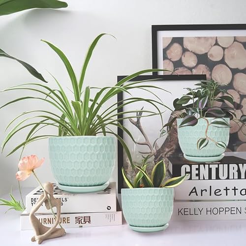 Ceramic Flower Pots with Drainage Hole and Saucer, Modern Round Succulent Planters with Honeycomb Inspired Texture Design, Small to Medium Sized, Set of 3, Green - size: 6.4"+5.2"+3.7" - Set of 3, style: Honeycomb