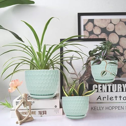 Ceramic Flower Pots with Drainage Hole and Saucer, Modern Round Succulent Planters with Honeycomb Inspired Texture Design, Small to Medium Sized, Set of 3, Green - size: 6.4"+5.2"+3.7" - Set of 3, style: Honeycomb