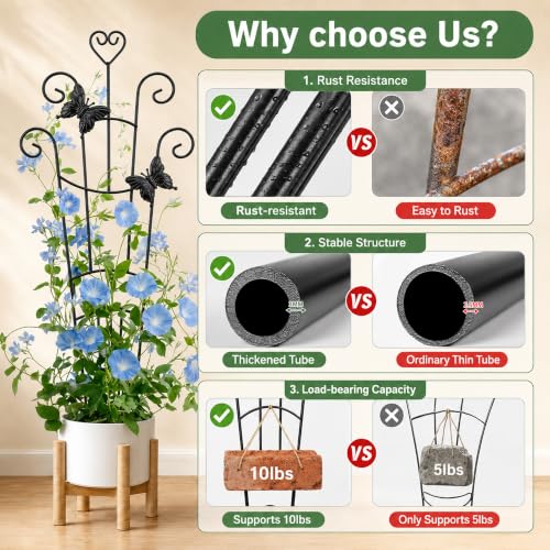 32.6in Plant Trellis for Climbing Plants Indoor with Butterflies, Expandable Large Metal Trellis for Potted Plants, Heavy-Duty Tall Pothos Plant Climber Support for Ivy Pothos Hoya Monstera, 2P - size: 32in/heart,2p