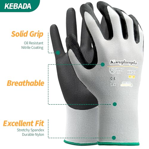 Kebada Work Gloves for Men and Women, Sandy Nitrile Coated, 3 Pairs - color: 3-pairs Kk513, size: Medium