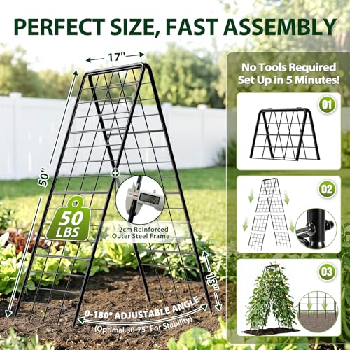 Heavy Duty 50"x17" Adjustable A-Frame Trellis for Climbing Plants Outdoor, Metal Rust-Proof Garden Trellis, Dense Grid Climbing Frame Trellis for Raised Beds, Cucumber, Tomatoes Outdoor (1 Pack)