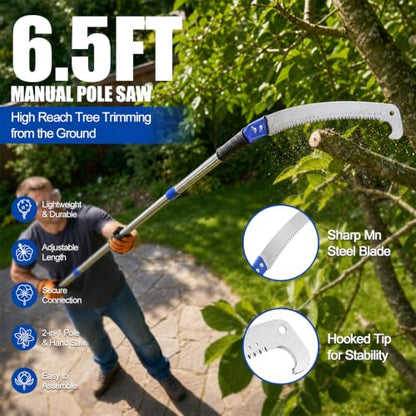6.5-foot manual tall pruning saw, a 2-in-1 hand saw, lightweight and telescopic, equipped with sharp manganese steel blades and teeth, perfect for pruning palm trees, oak trees and garden branches. - size: 6.5FT