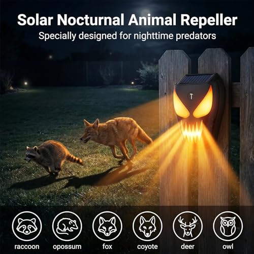4 Pack Solar Nocturnal Animal Repeller with Predator Lights, Waterproof Coyote Deterrent Devices for Raccoon, Skunk, Opossum & Deer, Fox Repellent for Yard, Farm, Chicken Coop, Garden
