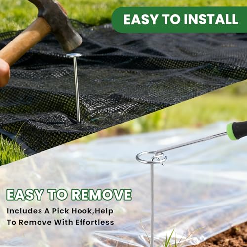 100 Pcs Landscape Fabric Pins with Pick Hook and Gloves, 8 Gauge 6 Inch Galvanized Garden Stakes, Circle Top Landscape Staples, Weed Barrier Stake for Plant Cover, Tent, Weed Barrier Fabric