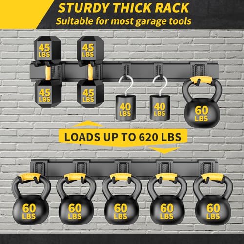 64 Inches Garage Storage, UUP Garage Organization Wall Mount Garden Tool Organizer, 620lbs Adjustable Metal Hooks, Yard Shed Rail Rack, Lawn Tool Holder for Hanging Rake Broom Mop Snowboard, Home Gift - size: 64" with 4 Panels & 10 Hooks