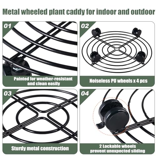 6 Packs 14 Inches Large Metal Plant Caddy with Wheels Rolling Plant Stands Heavy-duty Wrought Iron Plant Roller Base Pot Movers Plant Saucer on Wheels Indoor Outdoor Plant Dolly with Casters Planter Tray - color: Black, size: 13.6 inches