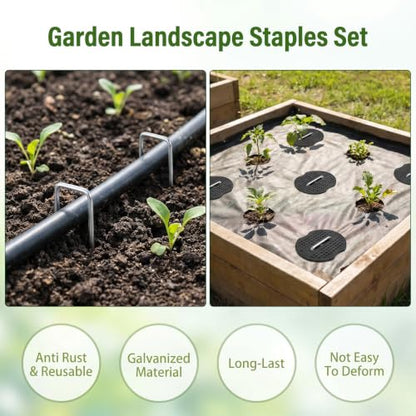 200PCS Garden Stakes Staples 6 inch Landscape Fabric Pins Lawn 100Pcs U Shaped Galvanized Staples Ground Stakes Landscaping Pins with 100Pcs Gasket for Weeds Barrier Plant Cover Decoration