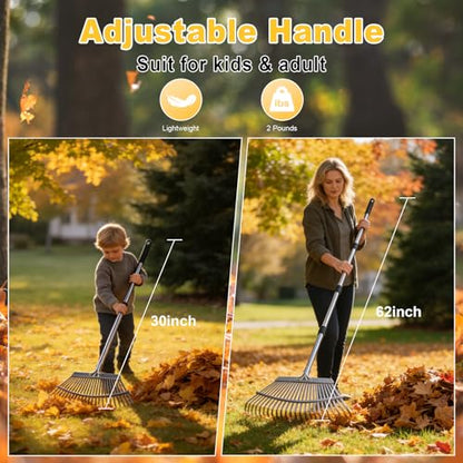 18-Inch Wide Heavy Duty Adjustable Metal Leaf Rake, 62-Inch Long Handle Garden Rake for Lawns, Grass, Flower Beds & Outdoor Yard Cleanup