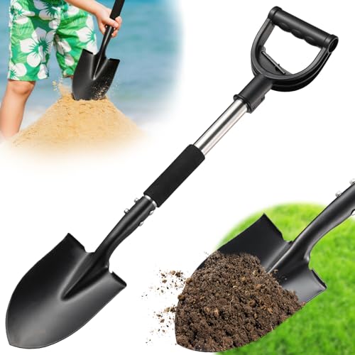 Shovel, Garden Shovels for Digging Gardening Heavy Duty, 31 inch Small Short Metal Shovel with D-Handle, Sharp Round Point Blade, Comfort Grip, Camping, Off Road, Soil, Kids Sand Beach Mini Spade Tool - color: Silver