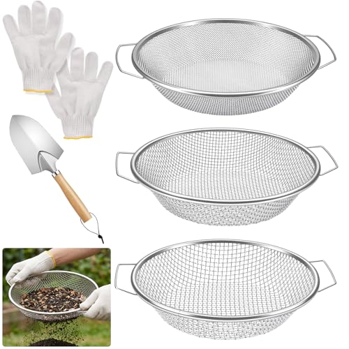 3PCS Soil Sifter 2,4,6mm Rock Sifting Screen with Handle Shovel Gloves - size: 3PCS(1/9in,1/6in,1/4in)