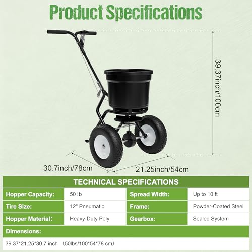 PPOLB Broadcast Spreader for Lawns, 50LB Fertilizer Spreader with 30-Level Flow Control, Walk Behind Lawn Seed & Salt Spreader, 0–10FT Coverage, Hopper Screen, Rain Cover, 12" Pneumatic Wheels - size: 50LBS