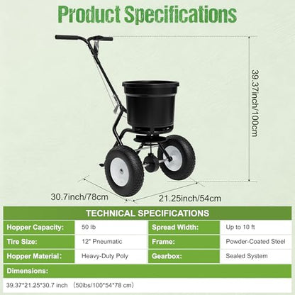 PPOLB Broadcast Spreader for Lawns, 50LB Fertilizer Spreader with 30-Level Flow Control, Walk Behind Lawn Seed & Salt Spreader, 0–10FT Coverage, Hopper Screen, Rain Cover, 12" Pneumatic Wheels - size: 50LBS
